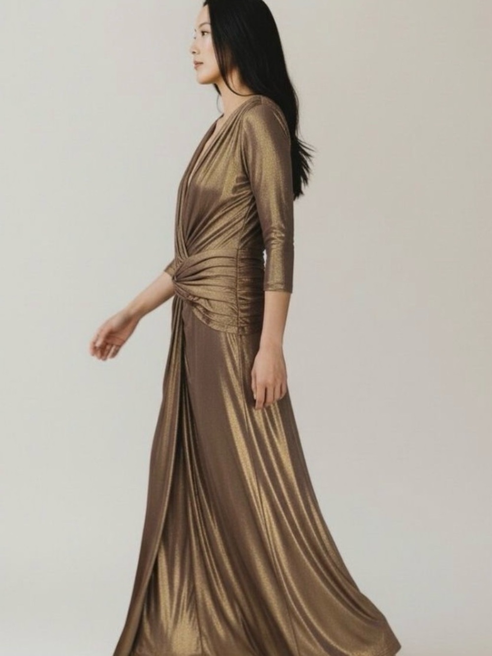 Tadashi Shoji Metallic Gold Ruched V Neck Gown Dress M